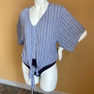 Anthropologie Blue Rain Tie Front Striped Flutter Sleeve Blouse Small Blue